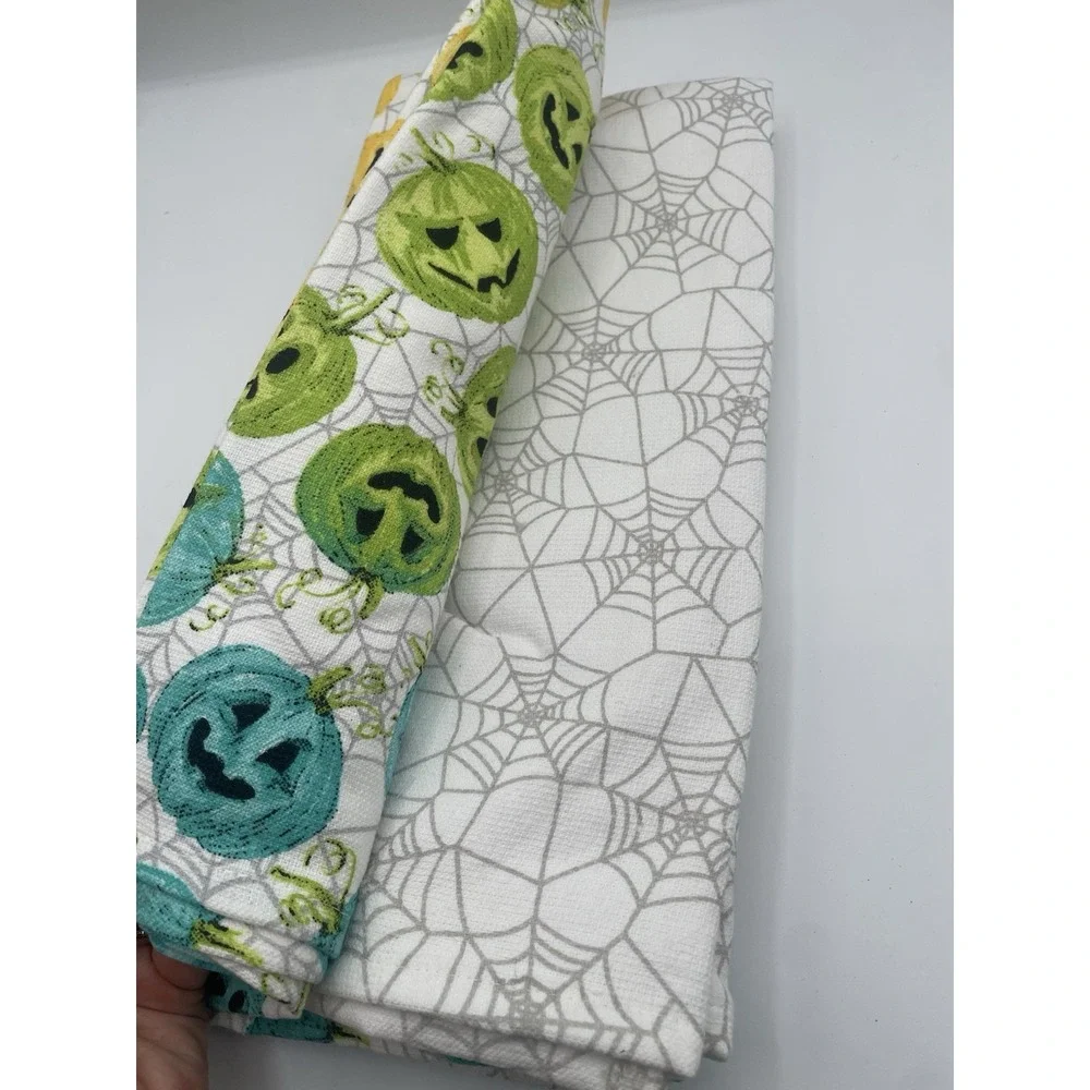 Pumpkin Ombré Dish Towels‎ Set Of 3 Spider Webs Halloween Yellow Green Blue New